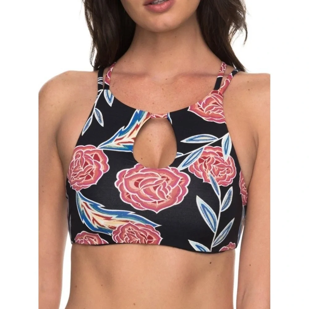 Roxy Women's Softly Love Floral Printed Halter High Neck Crop Bikini‎ Swim Top M